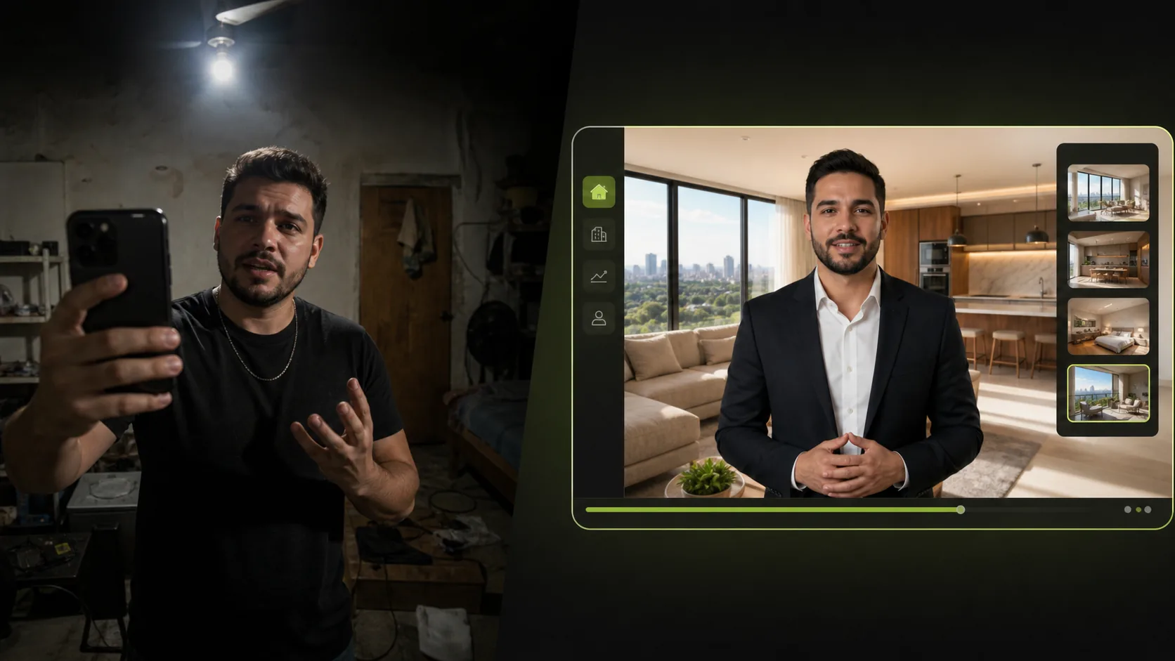 Comparativo visual entre gravacao caseira e video imobiliario profissional com CloneViral.