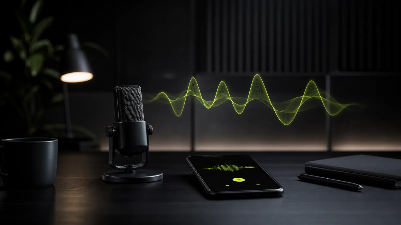 Mesa escura com microfone, celular gravando audio e onda sonora lime.
